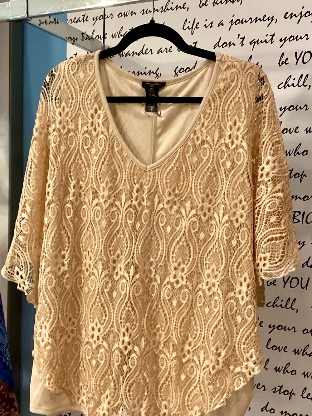 Lace Overlay, Lined V-Neck Top - Tea Stained
